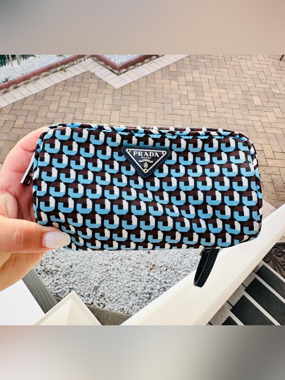 PRADA Blue & Brown Geometric Nylon Wristlet - Picture 3 of 11